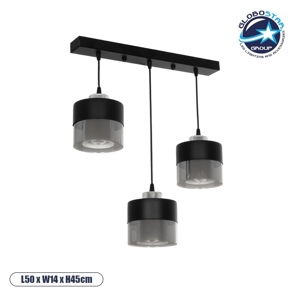 GLOBOSTAR® SHINEVA 201-0080 Vintage Κρεμαστό Φωτιστικό Οροφής με Ντουί 3 x E27 AC 220-240V IP20 - Μαύρο - Μ50 x Π14 x Υ45cm